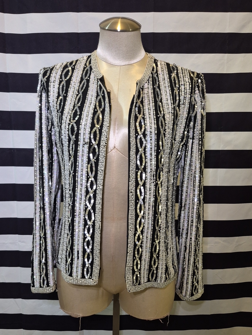 Vintage Petite Embellished Black Sequin Striped Jacket -